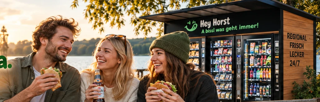 Menschen mit Snacks an einer modernen Automatenstation – beispielhafte Visualisierung