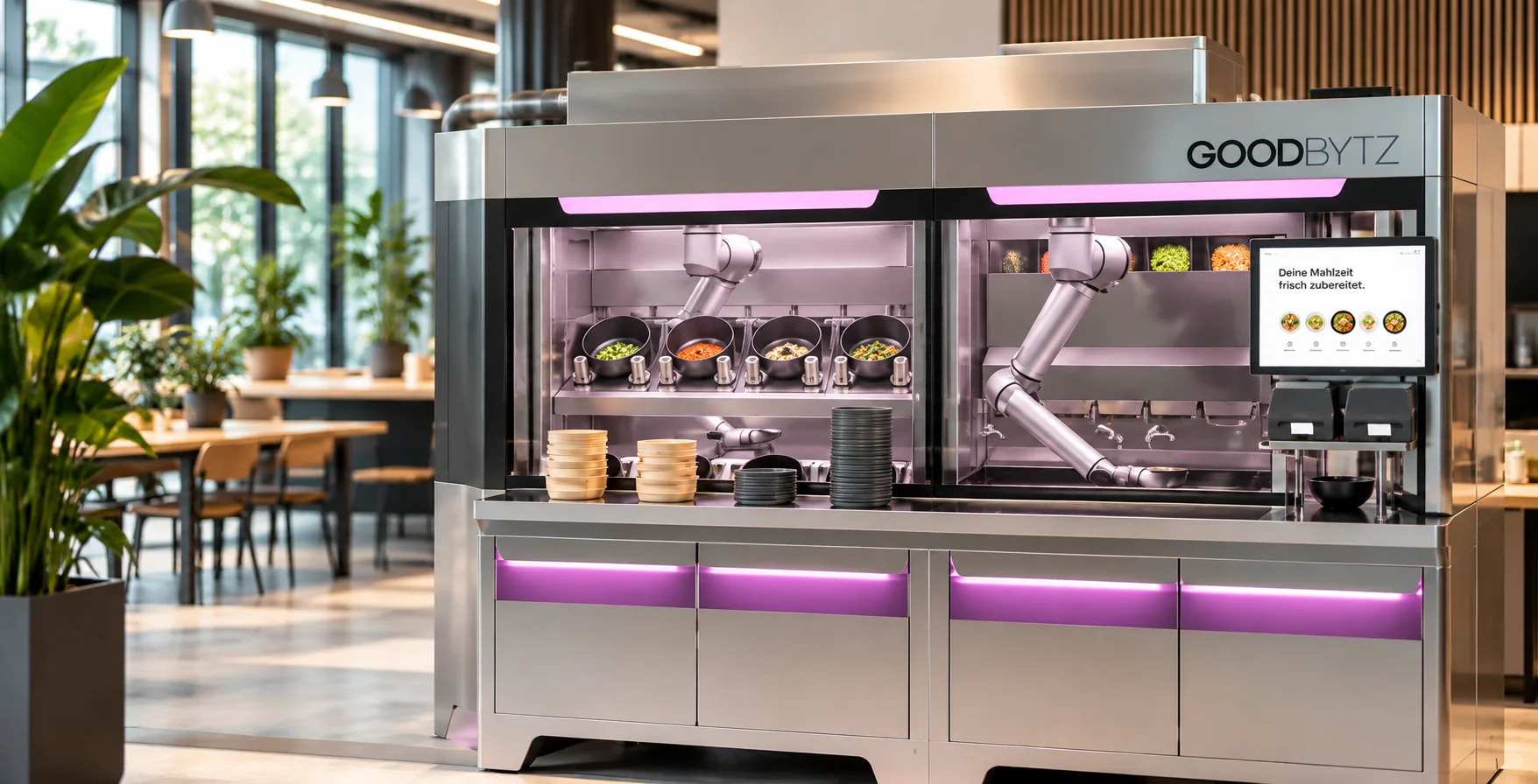 KI-Visualisierung einer automatisierten Roboterküche mit Kocharmen in einer modernen Betriebskantine