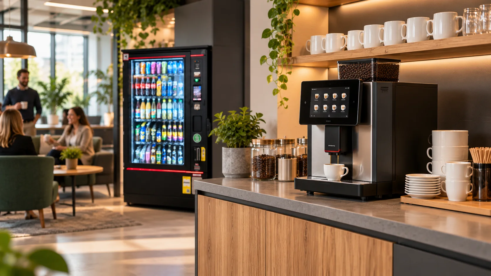 Visualisierung moderner Mitarbeiterverpflegung mit Snack- und Getränkeautomaten im Büro
