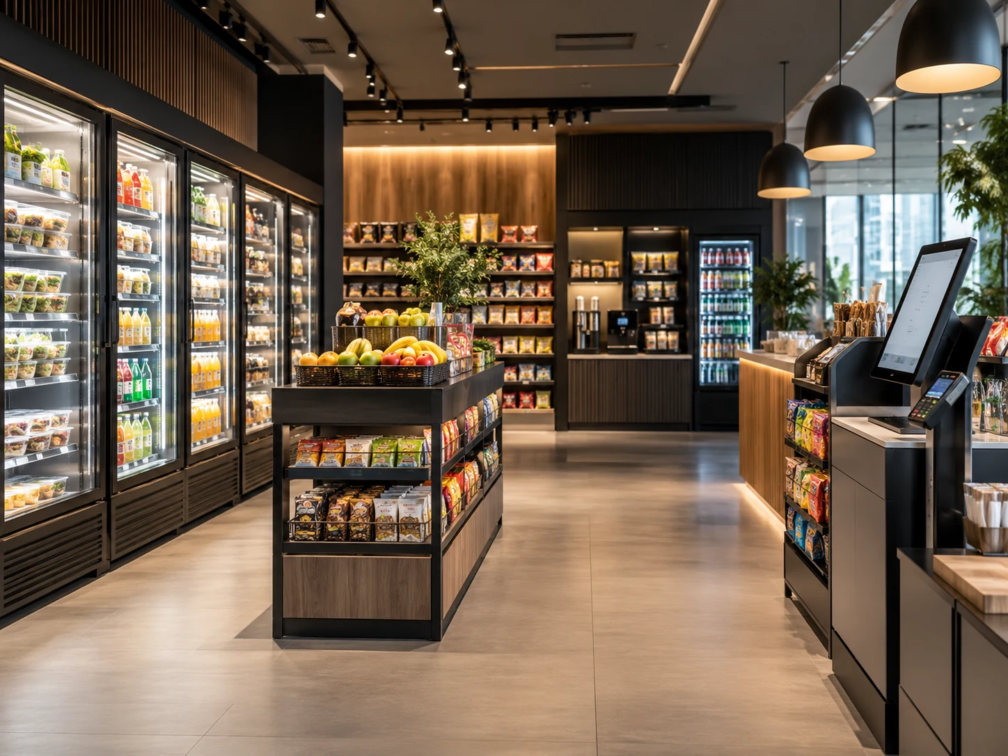 Moderner Micro Market mit Self-Checkout als Zukunftsbild für flexible Nahversorgung und Mitarbeiterverpflegung